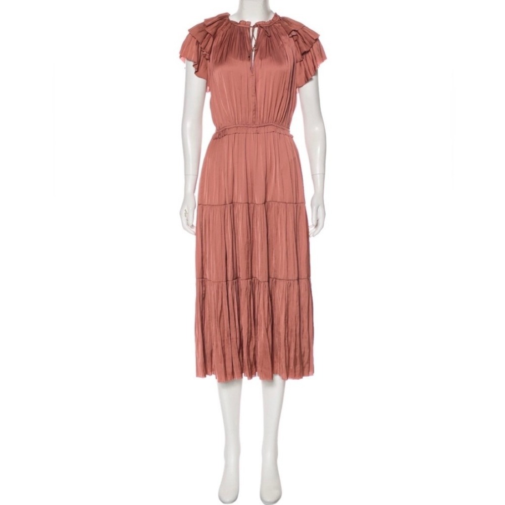Ulla Johnson Blaire Dress Copper Plisse Satin Ruffle Tiered Midi Womens Size 8 - Picture 3 of 12